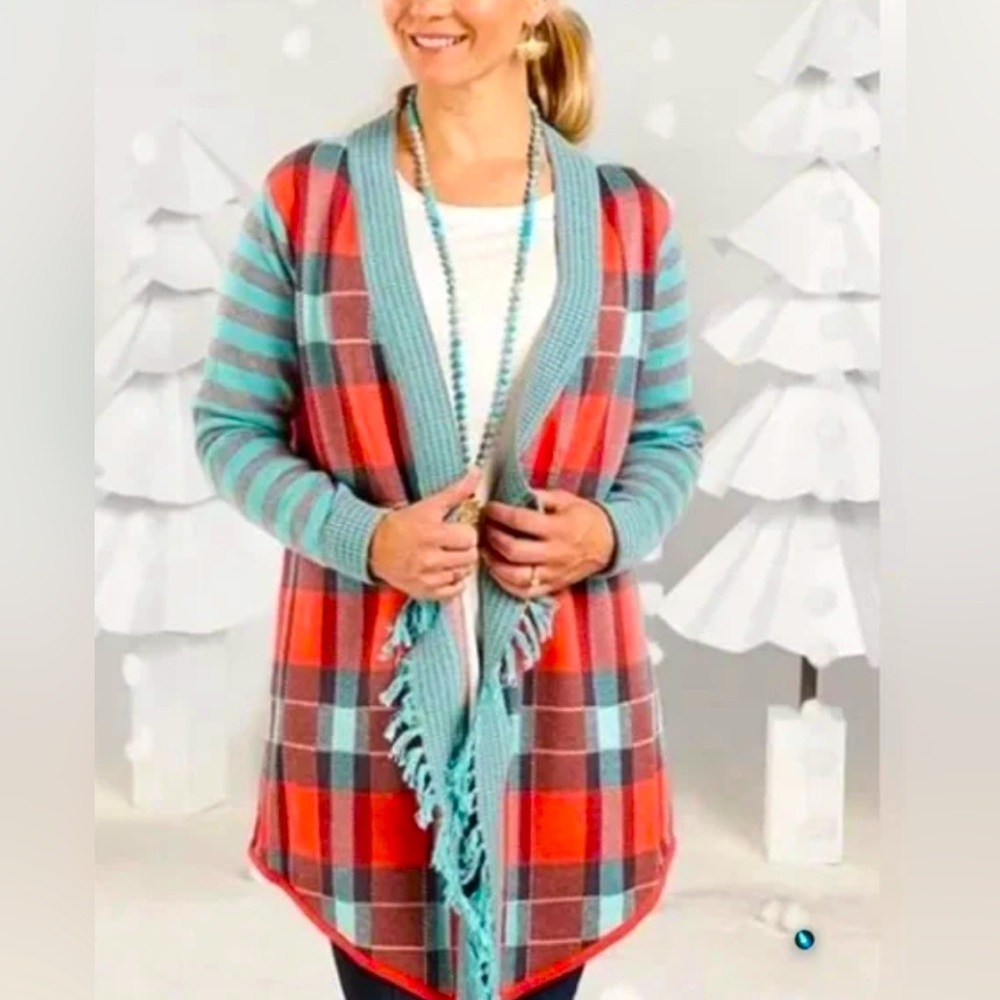 Matilda Jane Steadfast Plaid Open Front Cardigan Sweater Fringe Edge Sz M